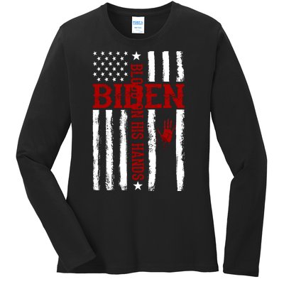 Biden Blood On His Hands American Flag Ladies Long Sleeve Shirt