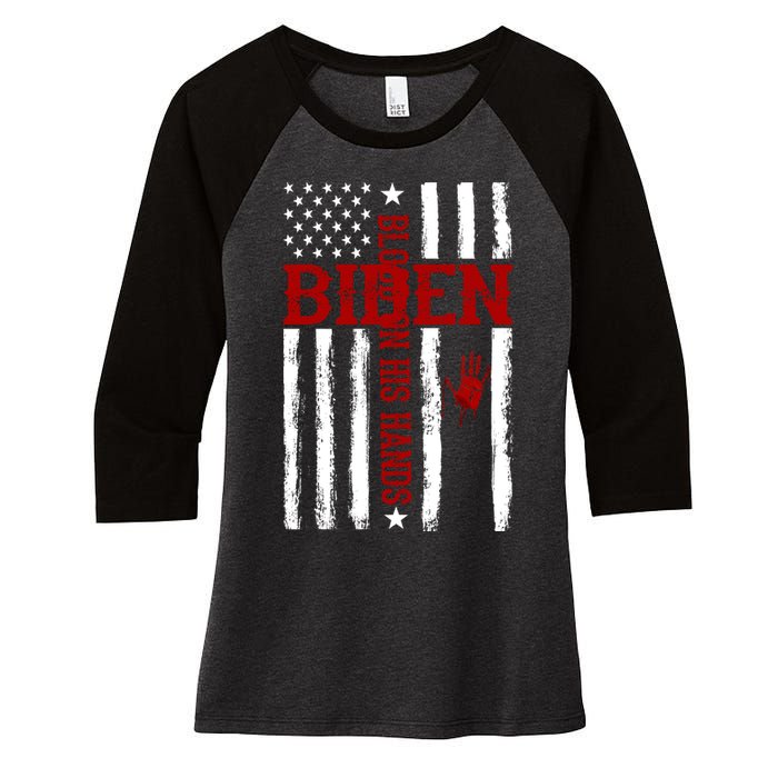 Biden Blood On His Hands American Flag Women's Tri-Blend 3/4-Sleeve Raglan Shirt