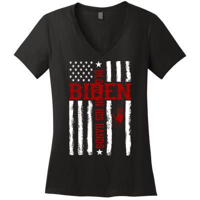 Biden Blood On His Hands American Flag Women's V-Neck T-Shirt