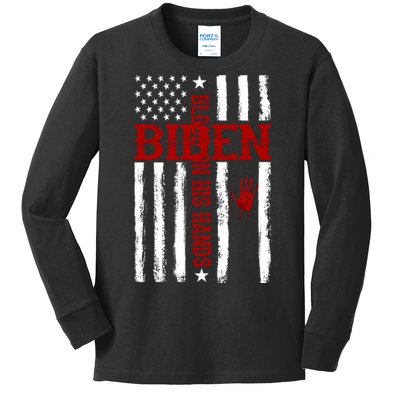 Biden Blood On His Hands American Flag Kids Long Sleeve Shirt