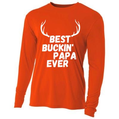 Best Buckin Papa Ever Antlers Funny Hunting Tee For Guys Gift Cooling Performance Long Sleeve Crew