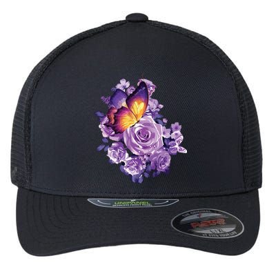 Beautiful Butterfly Purple Rose Butterfly Lovers Flexfit Unipanel Trucker Cap