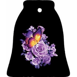 Beautiful Butterfly Purple Rose Butterfly Lovers Ceramic Bell Ornament