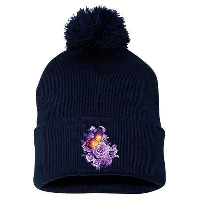 Beautiful Butterfly Purple Rose Butterfly Lovers Pom Pom 12in Knit Beanie