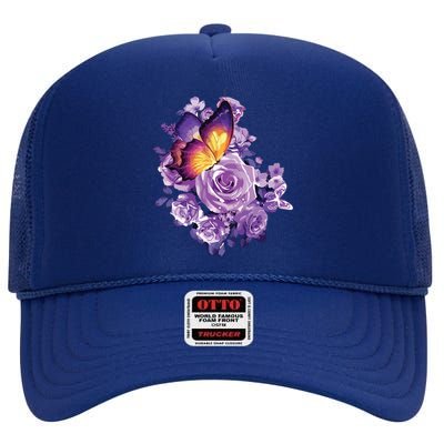 Beautiful Butterfly Purple Rose Butterfly Lovers High Crown Mesh Back Trucker Hat