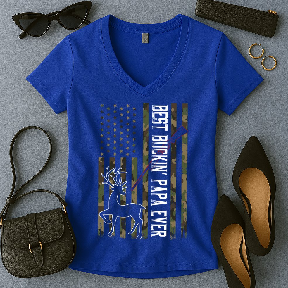 Best Buckin Papa Ever Gift Camo Deer Hunting Bucking Gift Women's V-Neck T-Shirt