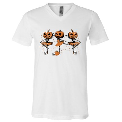 Ballet Ballerina Pumpkin Skeletons Halloween V-Neck T-Shirt