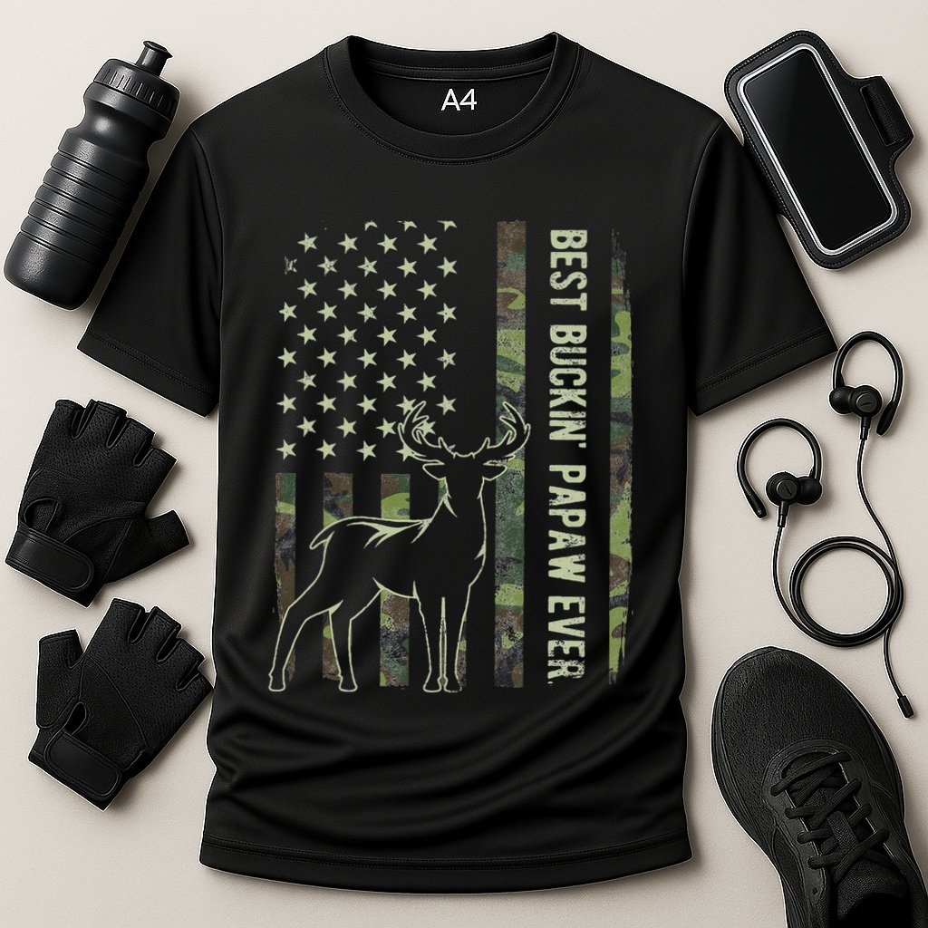 Best Buckin Papaw Camo American Flag Deer Hunting Gift Cooling Performance Crew T-Shirt