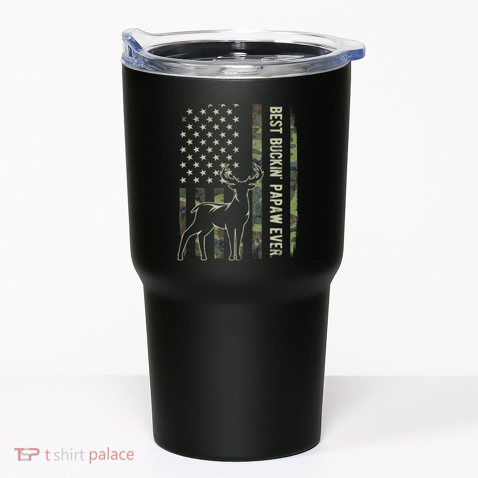 Best Buckin Papaw Camo American Flag Deer Hunting Gift Tumbler