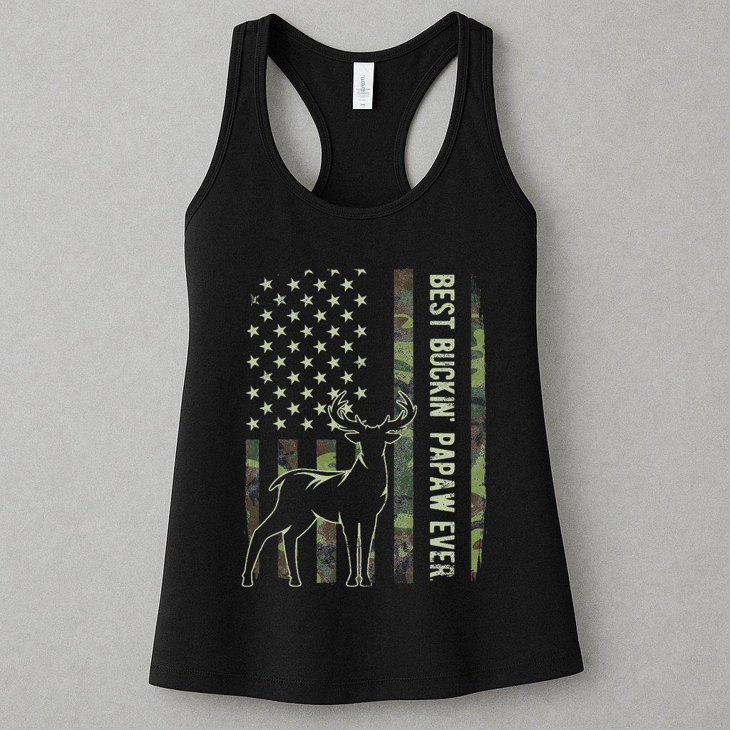 Best Buckin Papaw Camo American Flag Deer Hunting Gift Womens Tank Top