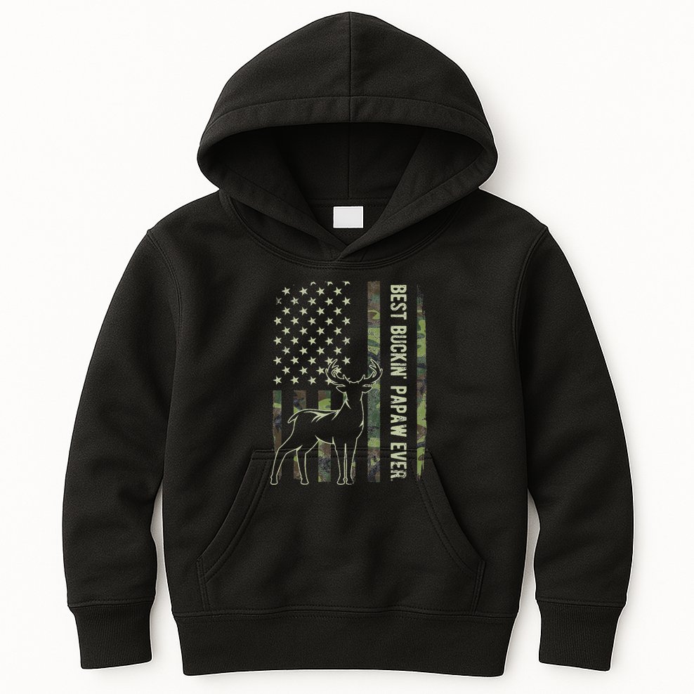 Best Buckin Papaw Camo American Flag Deer Hunting Gift Kids Hoodie