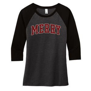 Black Buffalo Plaid Merry Christmas Hoodie Women's Tri-Blend 3/4-Sleeve Raglan Shirt