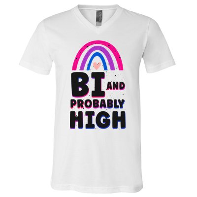 Bisexual Bi Pride Flag Bi And Probably High V-Neck T-Shirt