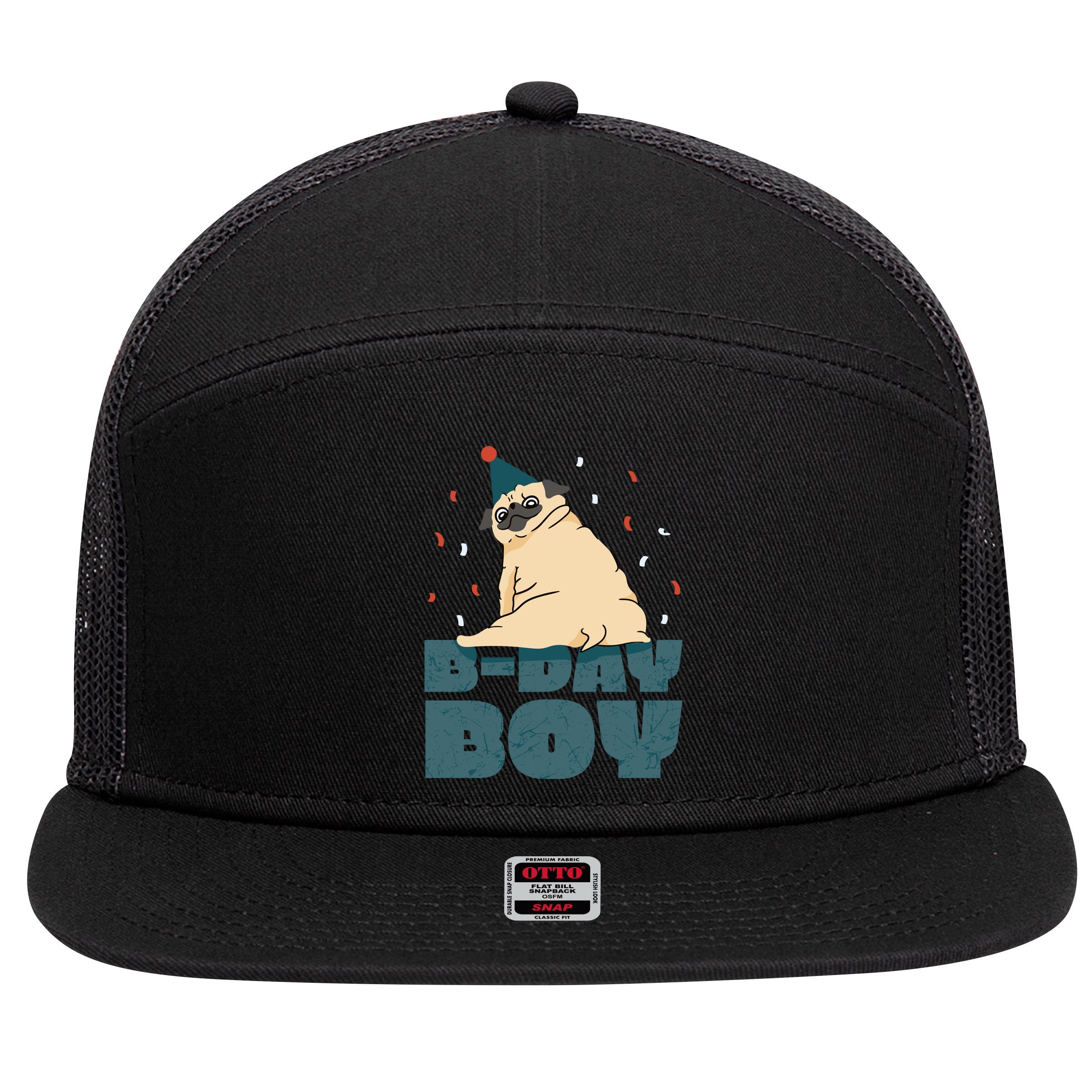 Birthday Boy Pug 7 Panel Mesh Trucker Snapback Hat