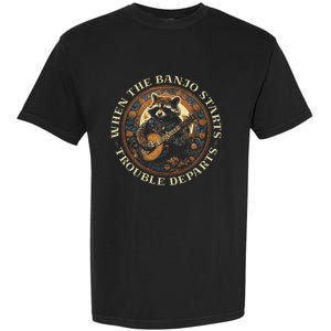 Bluegrass Banjo Raccoon Trouble Departs Bluegrass Music Garment-Dyed Heavyweight T-Shirt