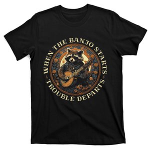 Bluegrass Banjo Raccoon Trouble Departs Bluegrass Music T-Shirt