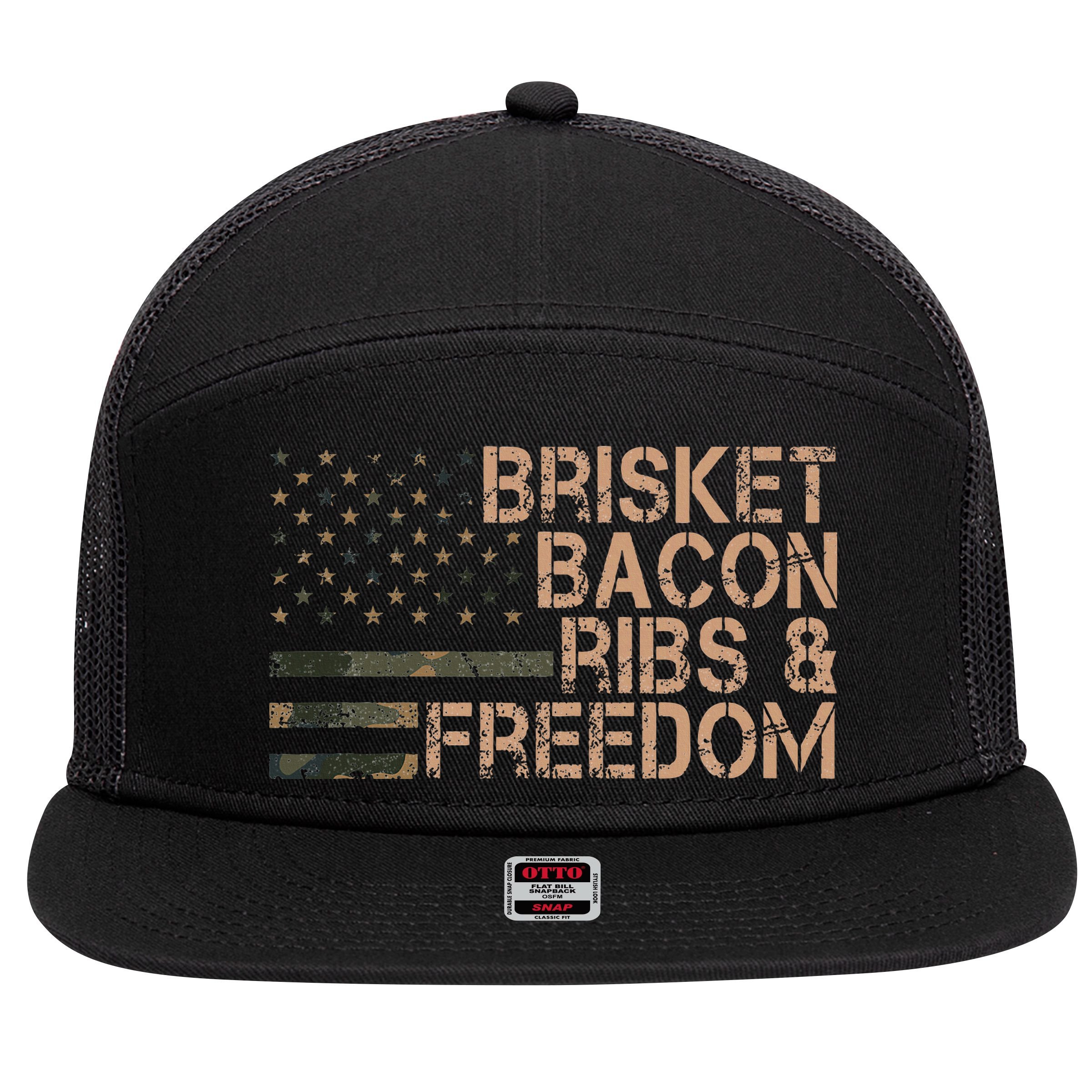 Brisket Bacon Ribs & Freedom Grill Bbq Funny Meat Smoking 7 Panel Mesh Trucker Snapback Hat