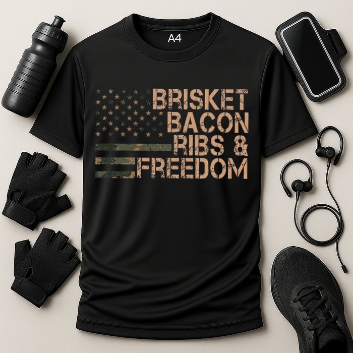 Brisket Bacon Ribs & Freedom Grill Bbq Funny Meat Smoking Cooling Performance Crew T-Shirt