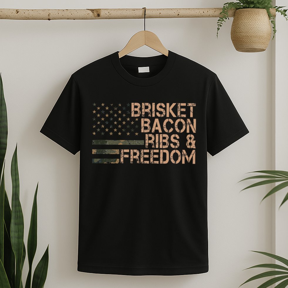 Brisket Bacon Ribs & Freedom Grill Bbq Funny Meat Smoking T-Shirt