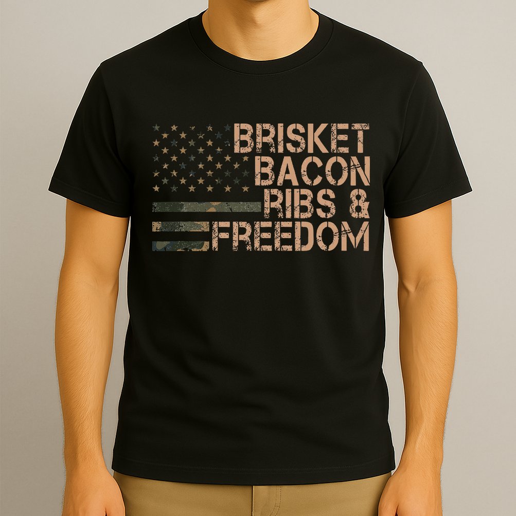 Brisket Bacon Ribs & Freedom Grill Bbq Funny Meat Smoking T-Shirt