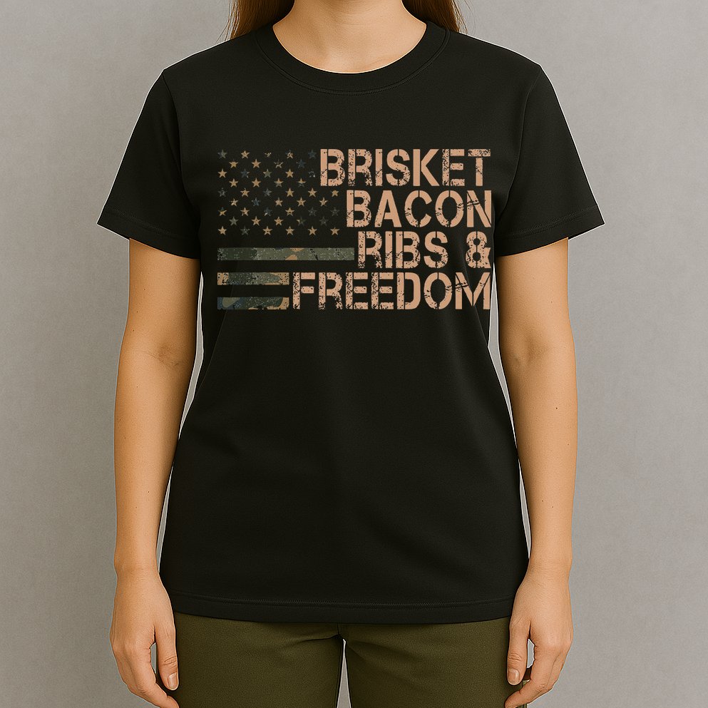 Brisket Bacon Ribs & Freedom Grill Bbq Funny Meat Smoking T-Shirt
