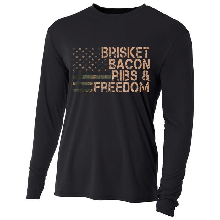Brisket Bacon Ribs & Freedom Grill Bbq Funny Meat Smoking Cooling Performance Long Sleeve Crew