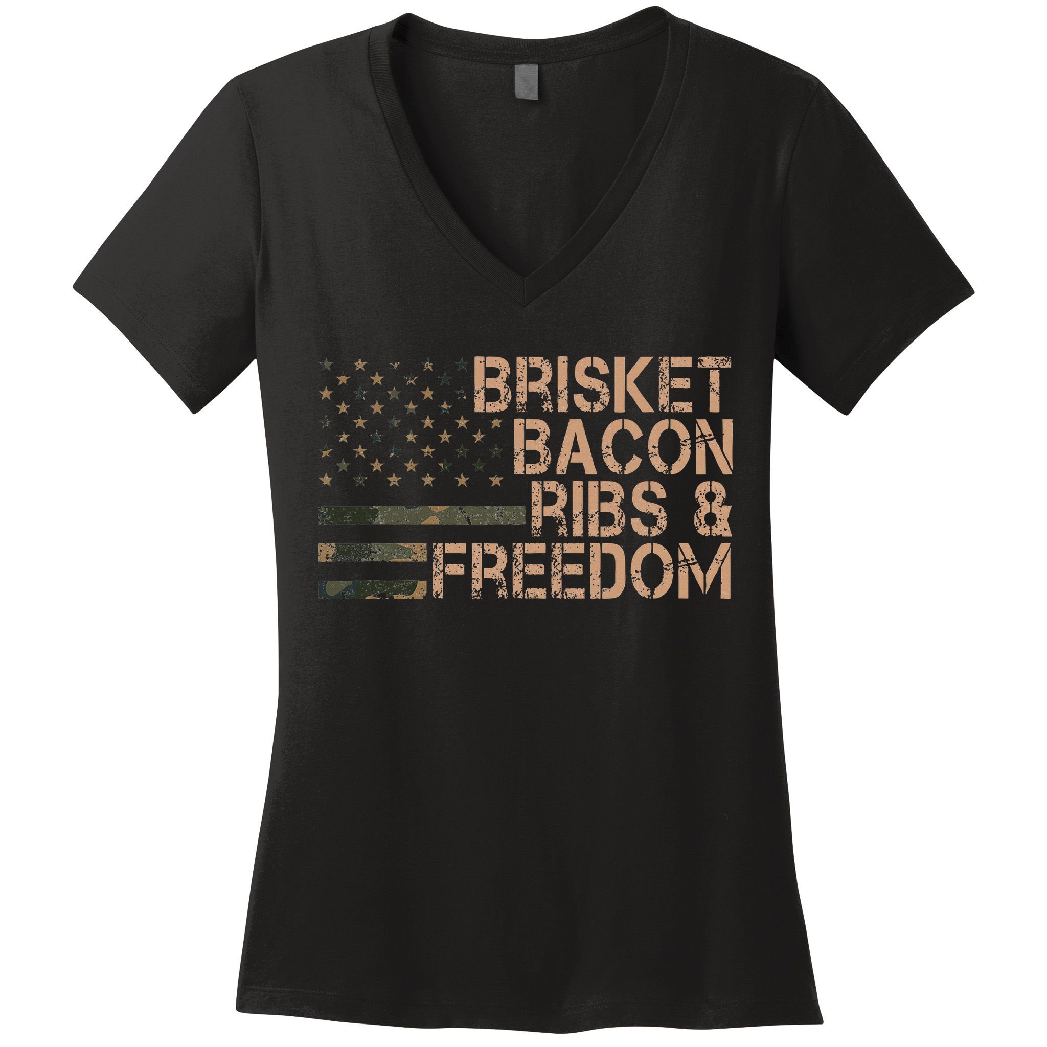 Brisket Bacon Ribs & Freedom Grill Bbq Funny Meat Smoking Women's V-Neck T-Shirt