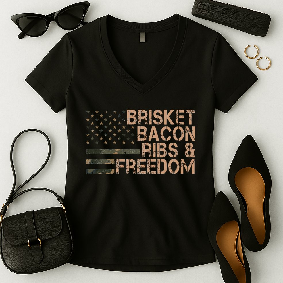 Brisket Bacon Ribs & Freedom Grill Bbq Funny Meat Smoking Women's V-Neck T-Shirt