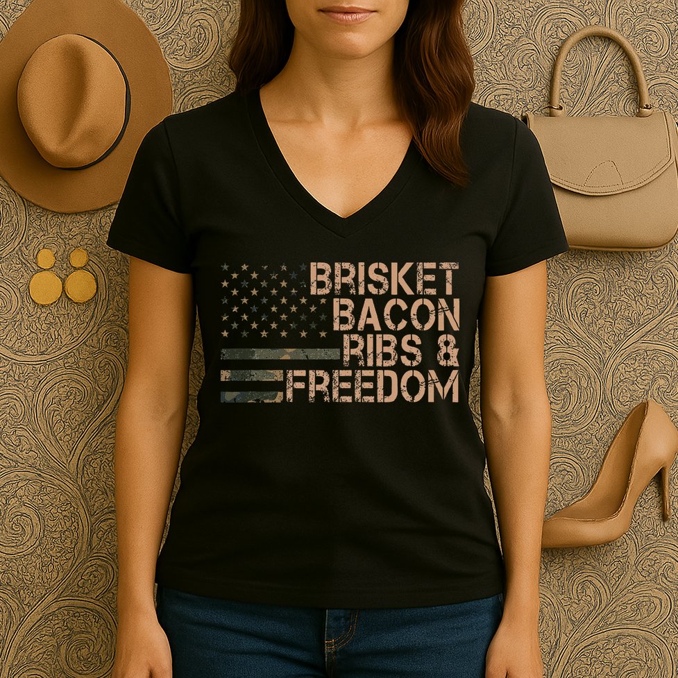 Brisket Bacon Ribs & Freedom Grill Bbq Funny Meat Smoking Women's V-Neck T-Shirt
