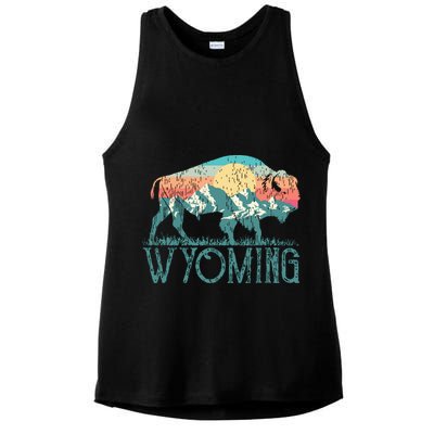 Bison Buffalo Retro Wyoming Wy Mountains Retro Ladies PosiCharge Tri-Blend Wicking Tank