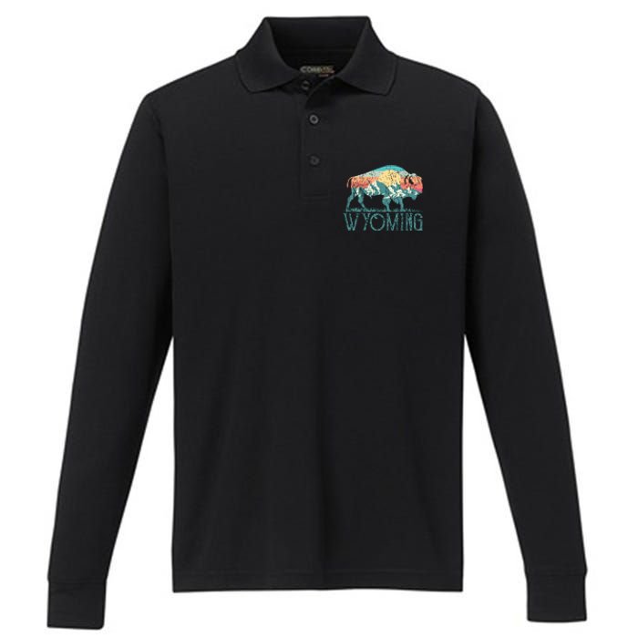 Bison Buffalo Retro Wyoming Wy Mountains Retro Performance Long Sleeve Polo