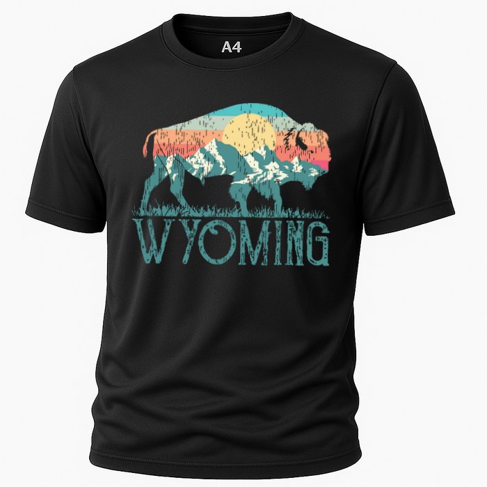 Bison Buffalo Retro Wyoming Wy Mountains Retro Cooling Performance Crew T-Shirt