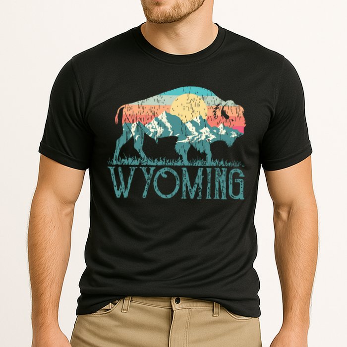 Bison Buffalo Retro Wyoming Wy Mountains Retro Cooling Performance Crew T-Shirt