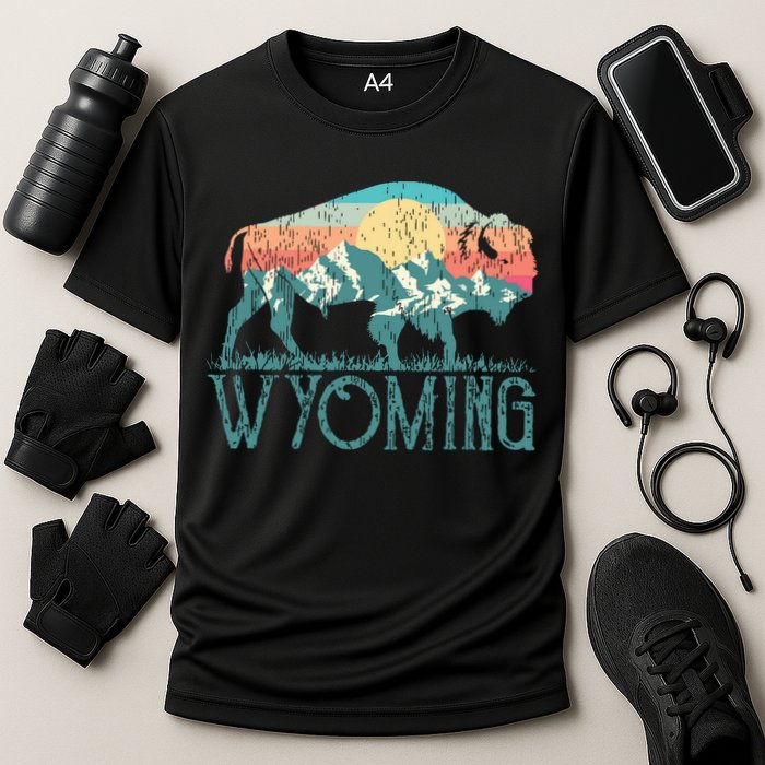Bison Buffalo Retro Wyoming Wy Mountains Retro Cooling Performance Crew T-Shirt