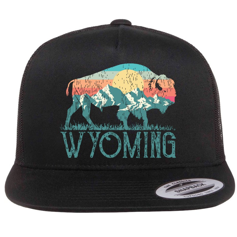 Bison Buffalo Retro Wyoming Wy Mountains Retro Flat Bill Trucker Hat