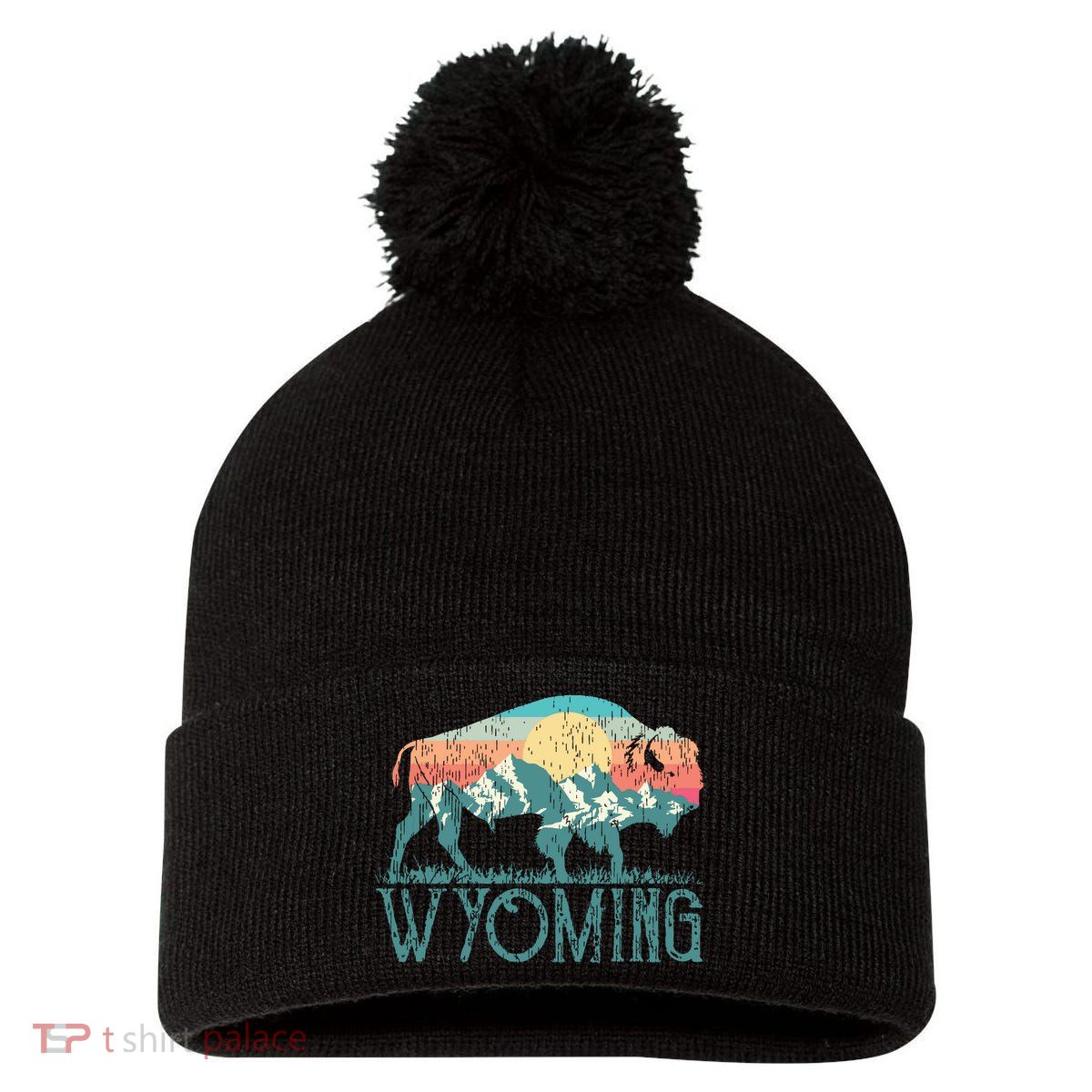 Bison Buffalo Retro Wyoming Wy Mountains Retro Pom Pom 12in Knit Beanie