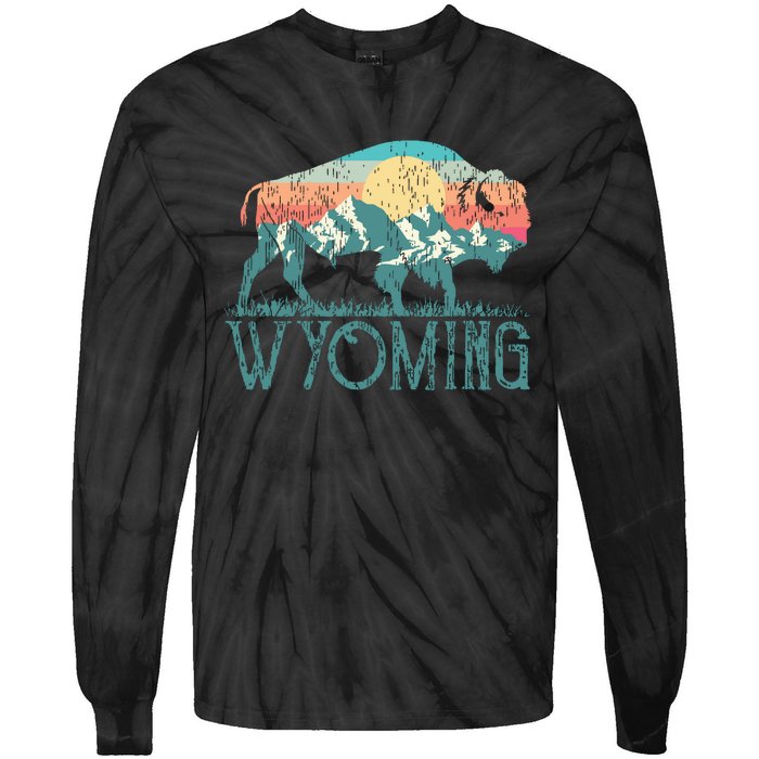 Bison Buffalo Retro Wyoming Wy Mountains Retro Tie-Dye Long Sleeve Shirt