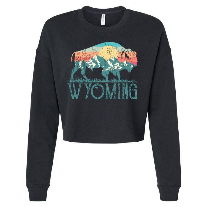 Bison Buffalo Retro Wyoming Wy Mountains Retro Cropped Pullover Crew
