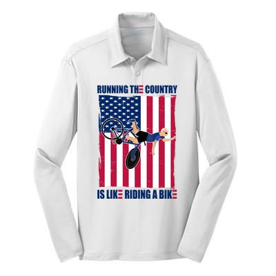 Biden Bicycle Running The Country Is Like Riding A Bike Silk Touch Performance Long Sleeve Polo