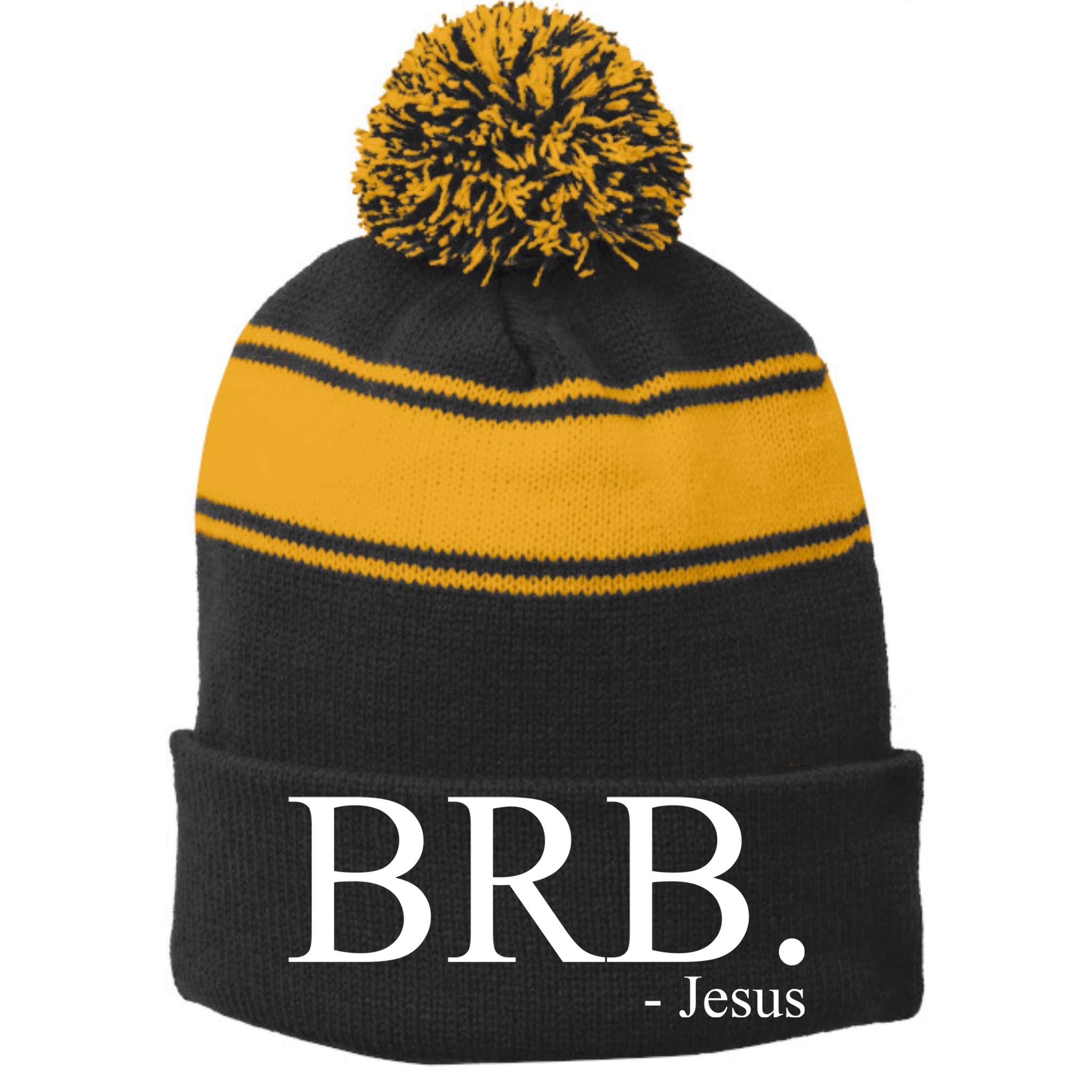 BRB Be Right Back Jesus Stripe Pom Pom Beanie