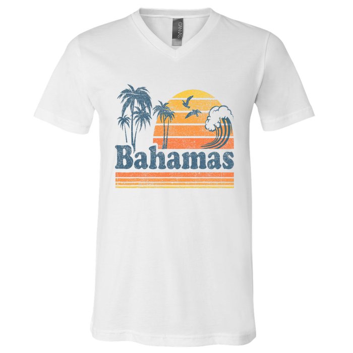 Bahamas Beach Summer Vacation Sunset Vintage 70S Retro V-Neck T-Shirt