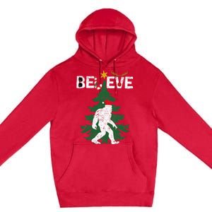 Believe Bigfoot Sasquatch Yeti Santa Hat Christmas Pajamas Premium Pullover Hoodie