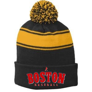 Boston Baseball Sports Fan Stripe Pom Pom Beanie