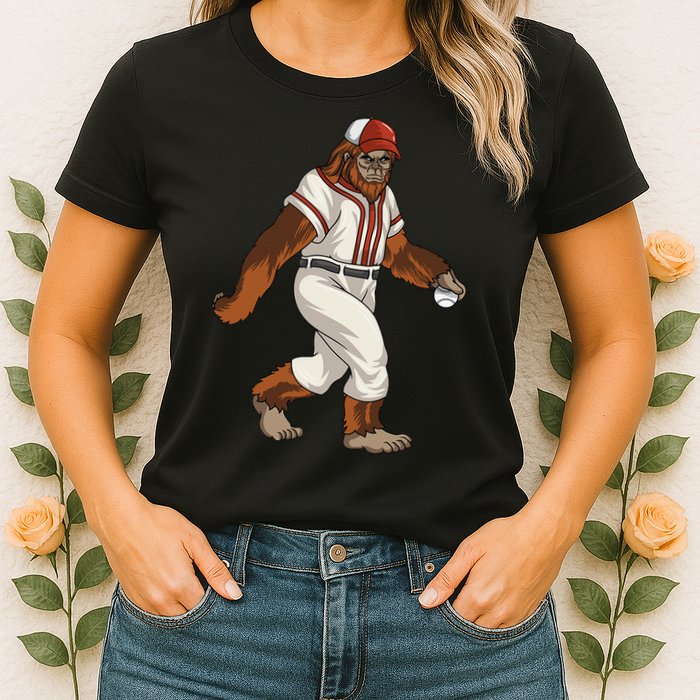 Bigfoot Baseball Sasquatch Playing Baseball Player Womens T-Shirt