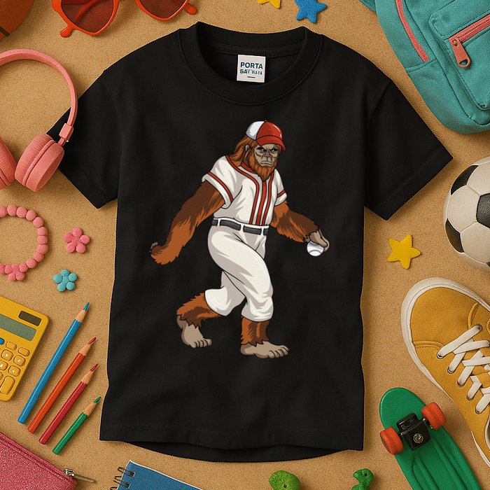 Bigfoot Baseball Sasquatch Playing Baseball Player Kids T-Shirt
