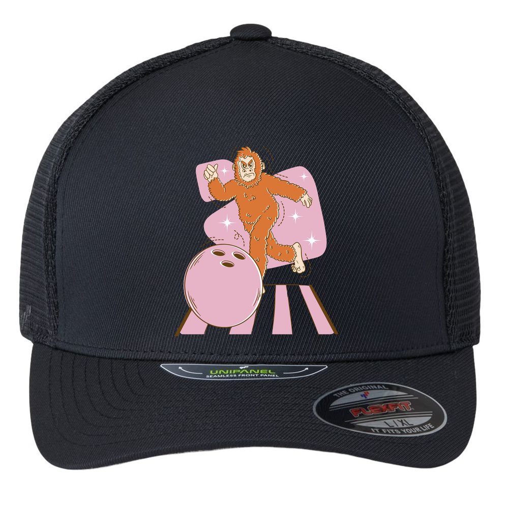 Bigfoot Bowling Sasquatch Funny Flexfit Unipanel Trucker Cap