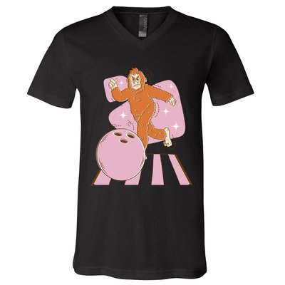 Bigfoot Bowling Sasquatch Funny V-Neck T-Shirt