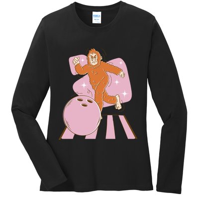 Bigfoot Bowling Sasquatch Funny Ladies Long Sleeve Shirt