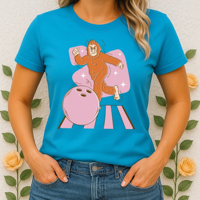 Bigfoot Bowling Sasquatch Funny Womens T-Shirt