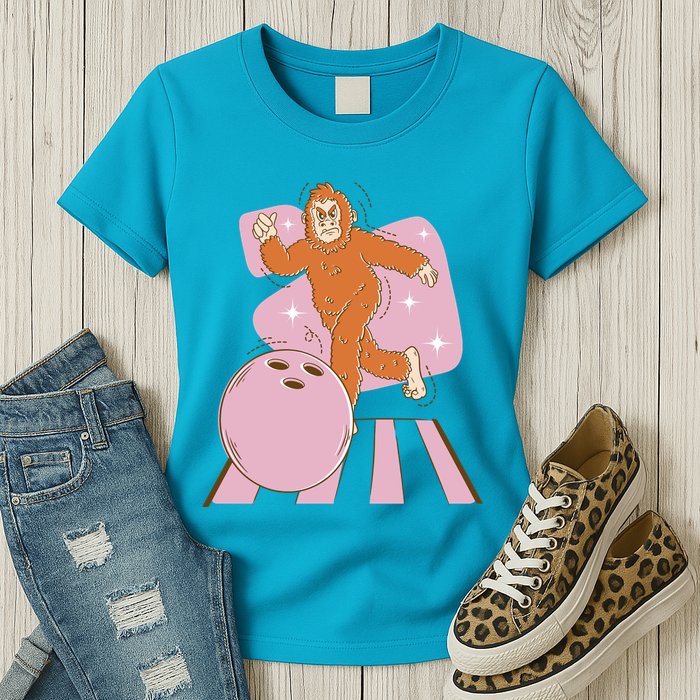 Bigfoot Bowling Sasquatch Funny Womens T-Shirt
